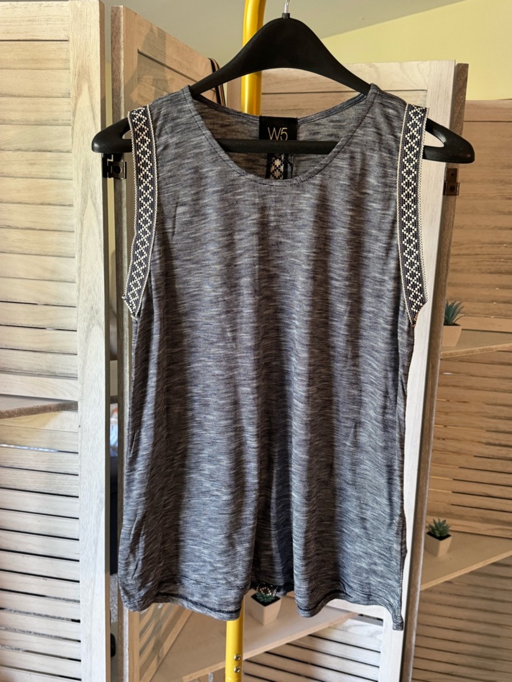 Anthropologie W5 Blue Gray Marled Sleeveless Tank with Embroidered Shoulder Trim
